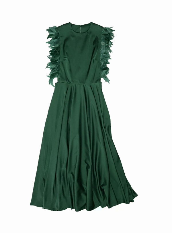 Vestido Verde Satén con Plumas - Imagen 5